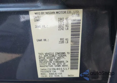 2009 Nissan Altima 2.5 S from USA, damaged, VIN 1N4AL21E39N401517